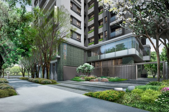 『新業(yè)京御苑』26層昂峰地標，放眼能遠眺山形，低迴可近收闊綠，桃源覓靜的入口，片片金屬瓦形景牆，彷彿風吹水波粼粼，簡約意象鳥居，表現(xiàn)日式清逸的入口。