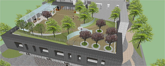 2F露臺3D圖，地坪採用自然陶磚，珍貴婆羅洲鐵木感受臺中地貌微型縮影的公園設計紋理。