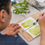 將化學(xué)藥劑塗抹於水彩紙上，藍(lán)曬創(chuàng)作的序幕悄然展開。