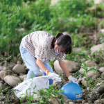 在卵礫石堆中藍(lán)色醒目的「皮球」，吸引了小朋友前去查看並拾起，一點(diǎn)一滴還給河川乾淨(jìng)的面貌。