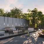 保留5F高的老樟樹、增植樹木，搭配曲線造型的街道家具，清水模牆面與錯(cuò)落石景，呼應(yīng)著苗栗的山水景觀。(圖為 新業(yè)恆一 水瀑廣場3D示意圖)