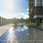 一池清淺水面曲橋，白日映雲(yún)、夜晚映月，循著曲橋向前，猶如走入畫中，一隅硯臺地景，一隅松姿倒影，無處不風(fēng)景。