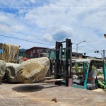 將挑選的石頭放上貨車，移至工廠用強力水柱清洗身體後，選個良辰吉時再入新厝，期待那天的到來。